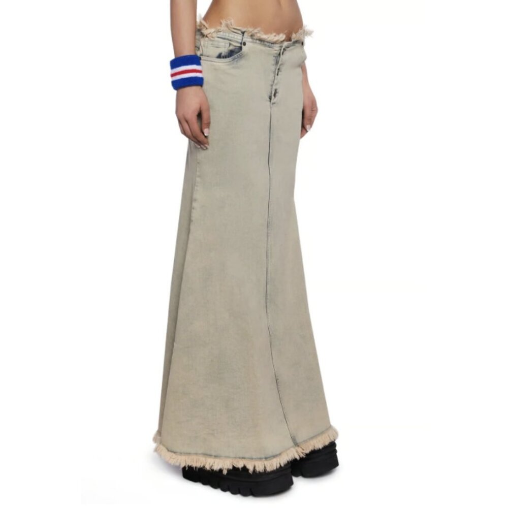 BASIC PLEASURE MODE Dolly Washed Frayed Denim Maxi Skirt Punk Goth Rock Alt NWT